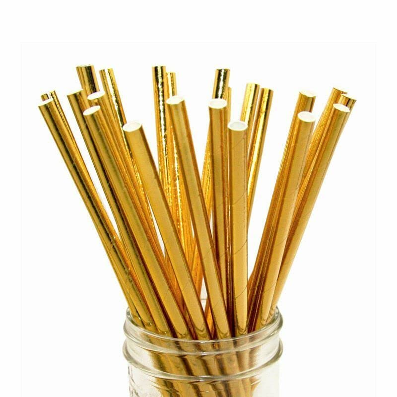 Gold Metallic Paper Straws 100 Counts Disposable Glittering Solid Gold Paper Drinking Straws for Cake Pop Sticks Birthday Celebrations Anniversary Wedding Party Decoration