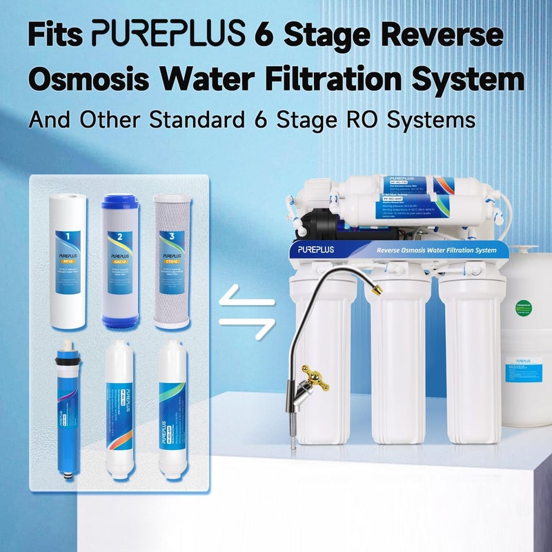 Pure Plus Reverse Osmosis Replacement Water Filters Pack Set for Standard 6 Stage Reverse Osmosis RO Systems with 75 GPD RO Membrane, Stage 1 to 6, Under Sink Replacement Cartridge Filters - Image 2