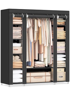 AsolBD AsolBD Double Canvas Wardrobe Cupboard Clothes Hanging Rail Storage Shelves Black 150 x 175 x 45 cm  - Image 1