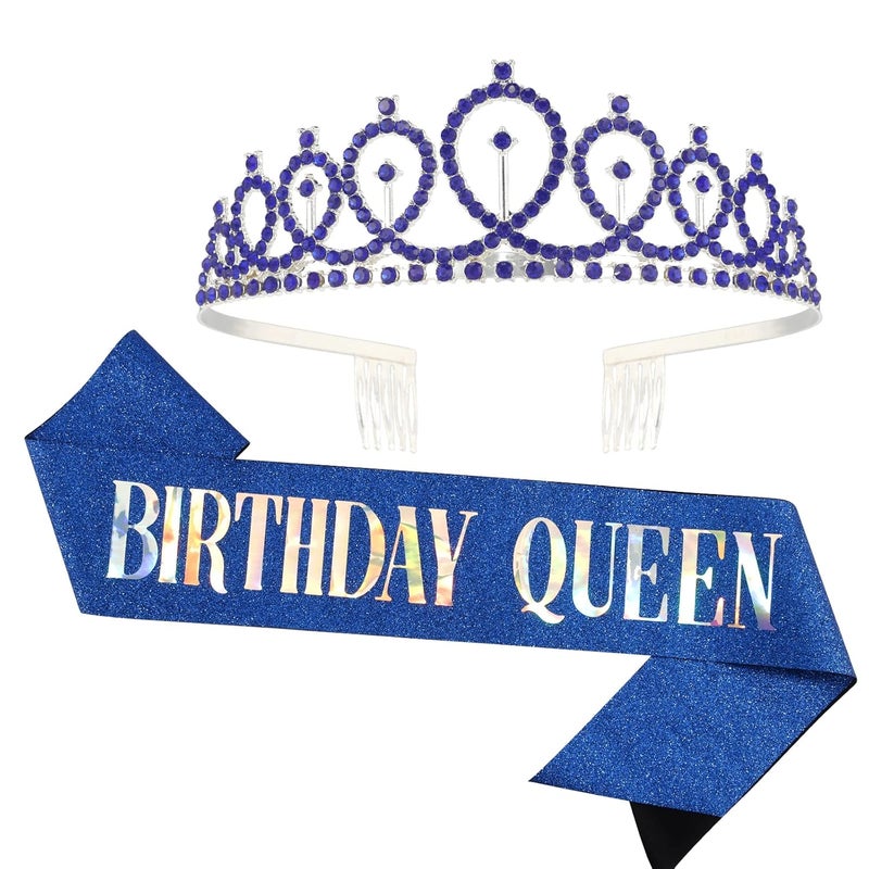 Cavetee Sapphire Birthday Crown & Sash - Women's Queen Tiara Set - Image 1