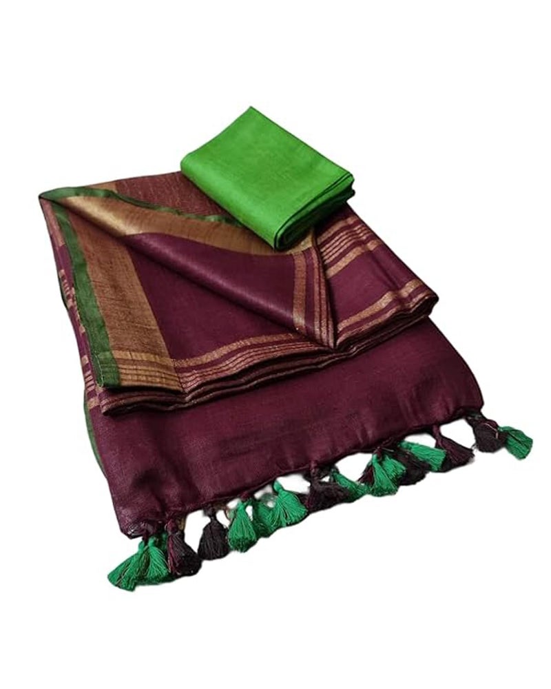 SheenKraft Hadloom Linen Cotton Blend Bhagalpuri Contrast Saree for Women (Gold-Wineberry_Brown-Dark_Green) - Image 1