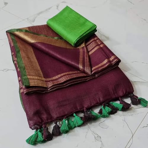 SheenKraft Hadloom Linen Cotton Blend Bhagalpuri Contrast Saree for Women (Gold-Wineberry_Brown-Dark_Green) - Image 2