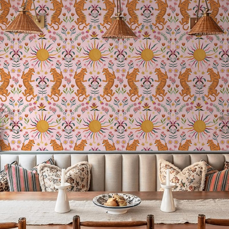 JiffDiff Pink Tiger Peel and Stick Wallpaper - Tropical Tiger Boho Removable Self Adhesive Jungle Animal Wall Paper for Bedroom, Living Room, Nursery Waterproof DIY Wall Decor (17.3" x 480") - Image 1