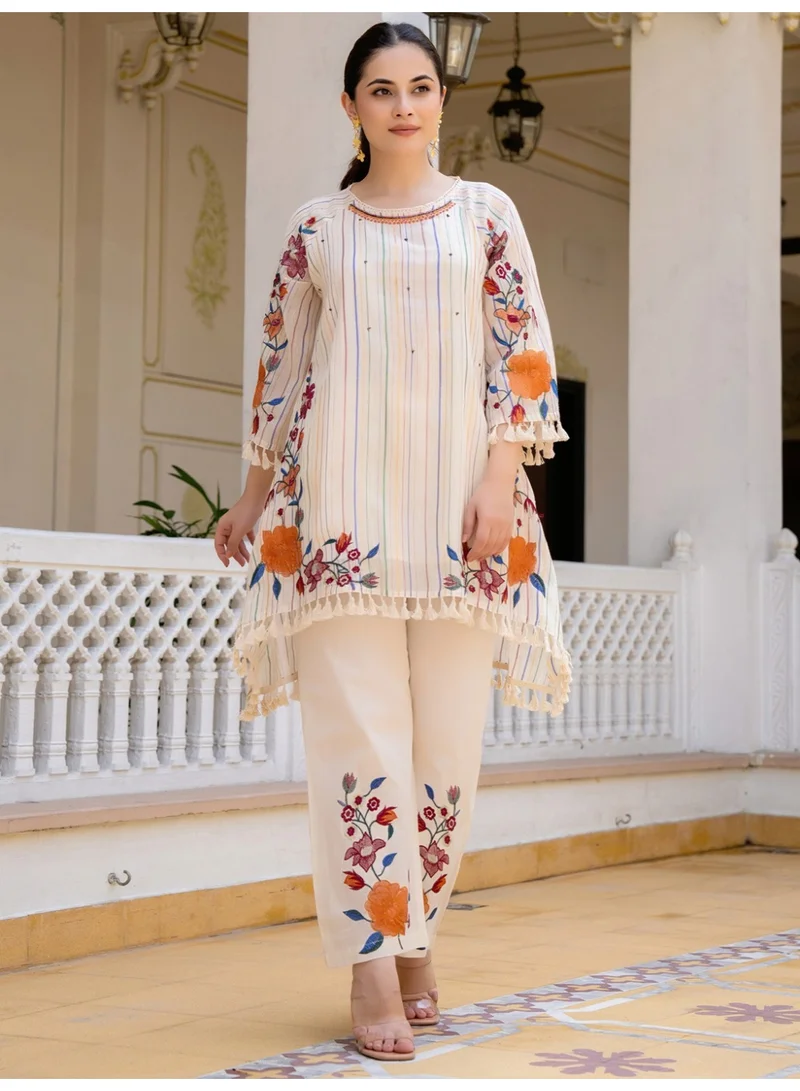 Ameya  Off-white-embroidered-a-line-kurta-palazzos-set for Women | Best Price UAE