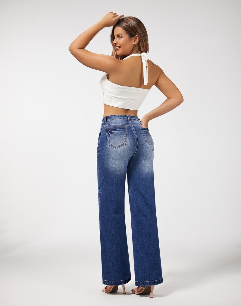 roswear Women's Wide Leg Jeans High Waisted Stretchy Denim Trouser Pants Blue Large - Image 4