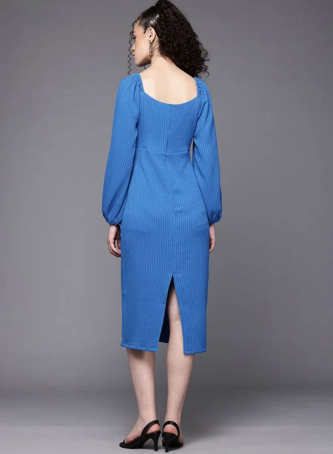 Freehand  Women Regular Fit Textured Sweetheart Neck Long Sleeve Midi Dress for Women | Best Price UAE