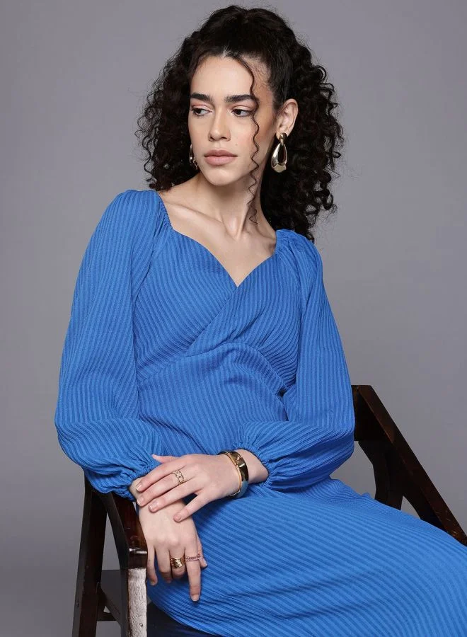 Freehand  Women Regular Fit Textured Sweetheart Neck Long Sleeve Midi Dress for Women | Best Price UAE