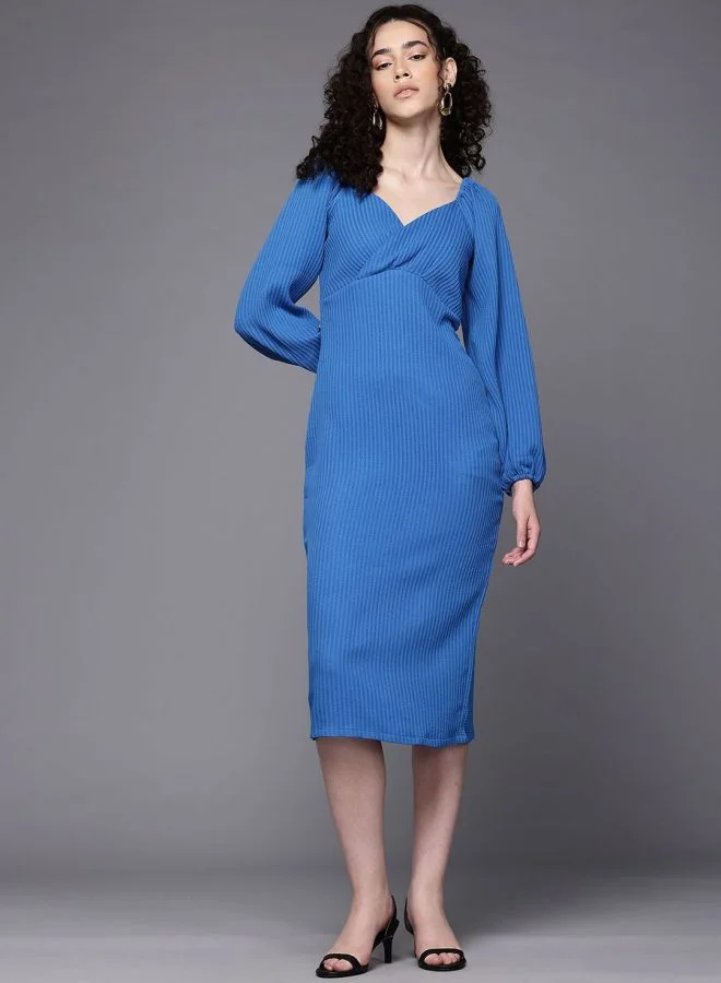 Freehand  Women Regular Fit Textured Sweetheart Neck Long Sleeve Midi Dress for Women | Best Price UAE
