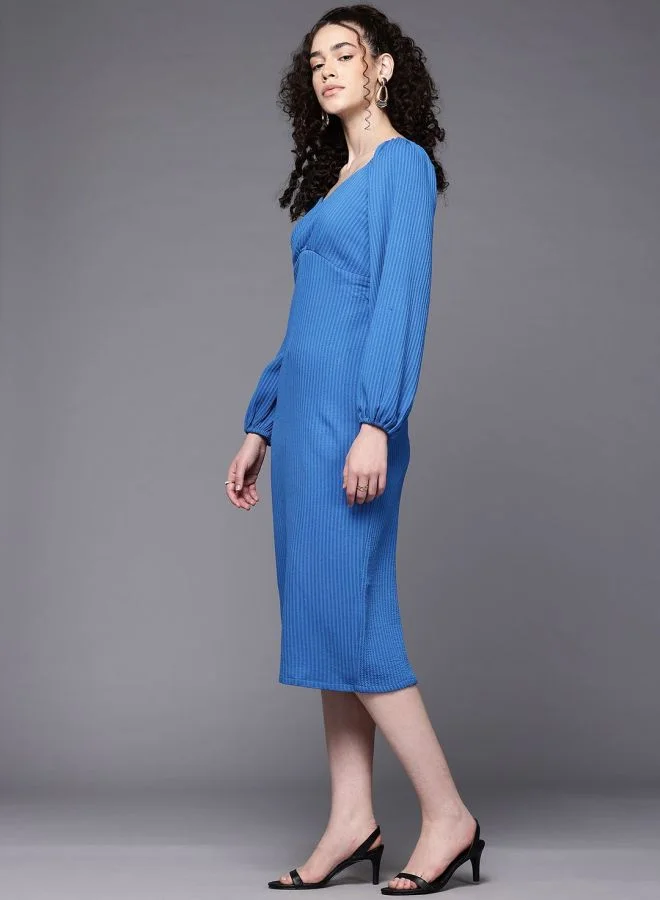 Freehand  Women Regular Fit Textured Sweetheart Neck Long Sleeve Midi Dress for Women | Best Price UAE
