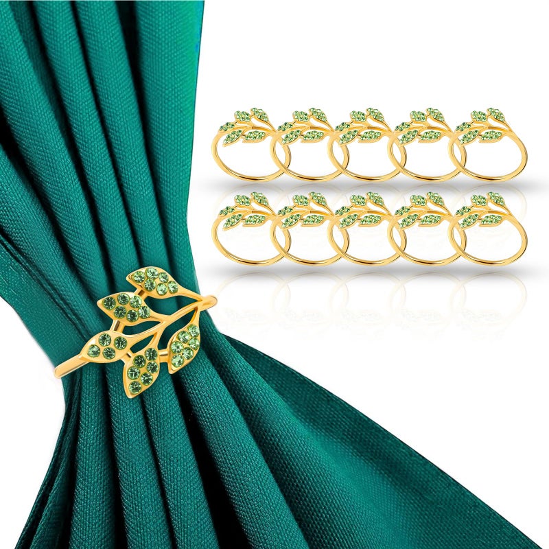 10Pcs Gold Alloy Leaf Green Napkin Rings - Image 1