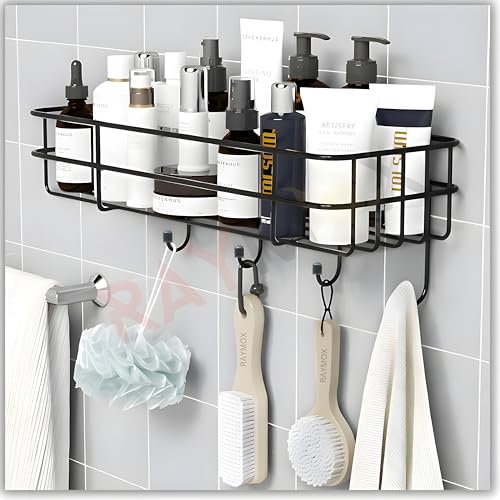 RAYMOX Stainless Steel Bathroom Shelf for Wall, Self Adhesive Bathroom Organiser, 4 Hooks for Towel Holder, Space-Saving Wall Mounted Bathroom Shelf with Elegant Design (Pack of 1, Black) - Image 2