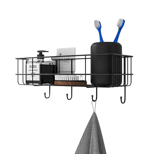 RAYMOX Stainless Steel Bathroom Shelf for Wall, Self Adhesive Bathroom Organiser, 4 Hooks for Towel Holder, Space-Saving Wall Mounted Bathroom Shelf with Elegant Design (Pack of 1, Black) - Image 1