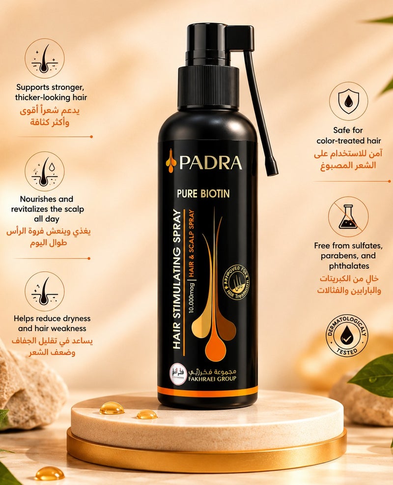 PADRA Pure Biotin Hair & Scalp Stimulating Spray 10,000mcg – Hair Growth & Strength – 60ml Unisex - Image 2