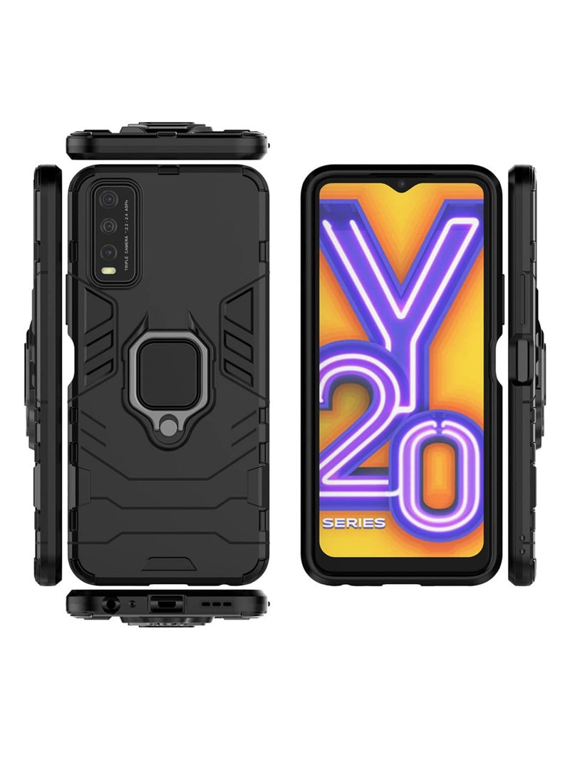 مايجين متوافق مع جراب Vivo Y20 بمقبض حلقي معدني ومسند ممتص للصدمات صلب يعمل مع حامل مغناطيسي للسيارة وغطاء متين بطبقة مزدوجة باللون الأسود - Image 3