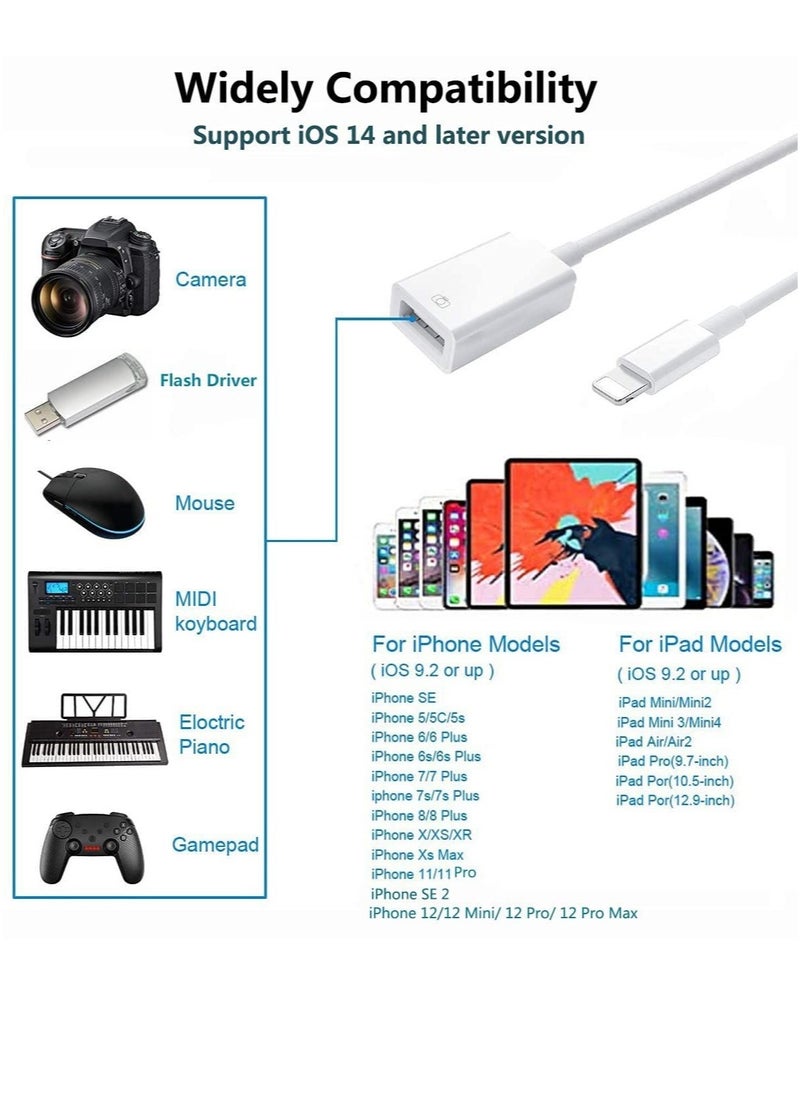USB Camera Adapter, USB 3.0 OTG Cable for iPhone/iPad to Connect Card Reader, USB Flash Drive, U Disk, Keyboard, Mouse, Hubs, MIDI, Plug & Play