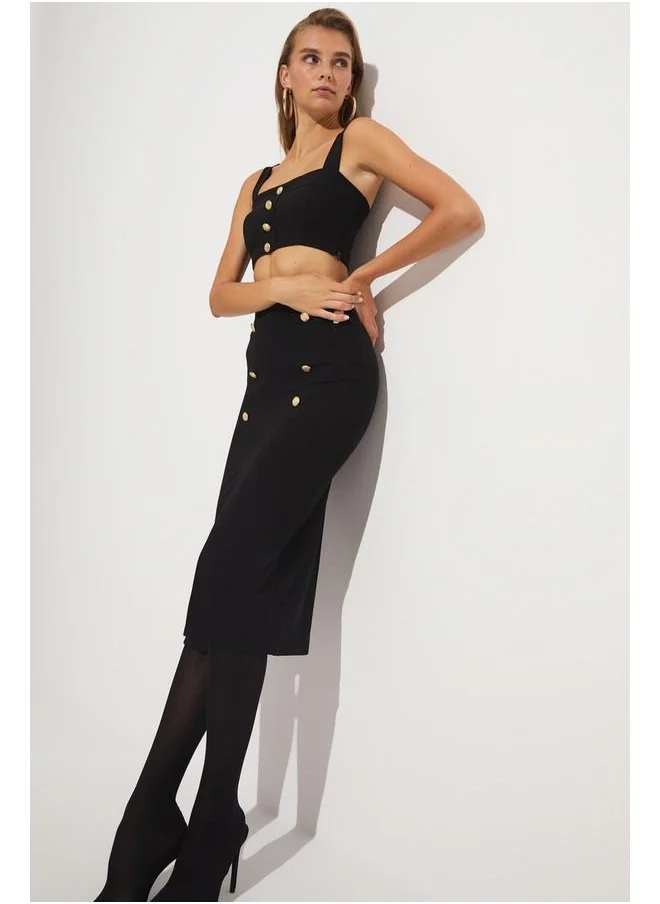 JUNE June Button Detailed Skirt Set Black