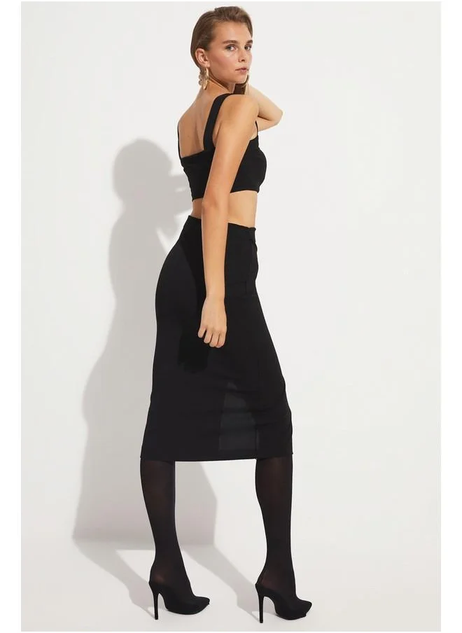 JUNE June Button Detailed Skirt Set Black