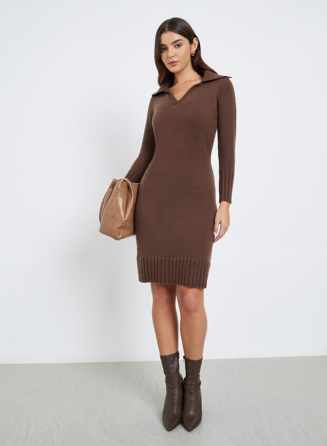 Styli Brown Knit Sweater Knee-Length Dress - Image 2