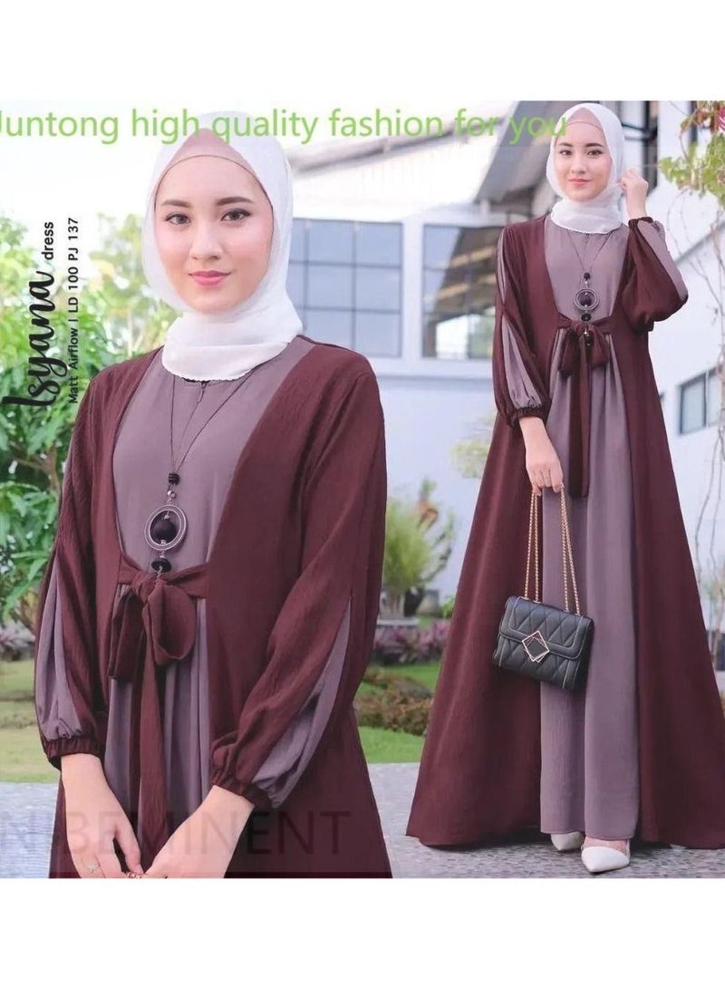 NIBEMINENT Women's Fashion Modest Abaya Casual long Dresses Muslim Color-matching Robe Clothing - Image 2