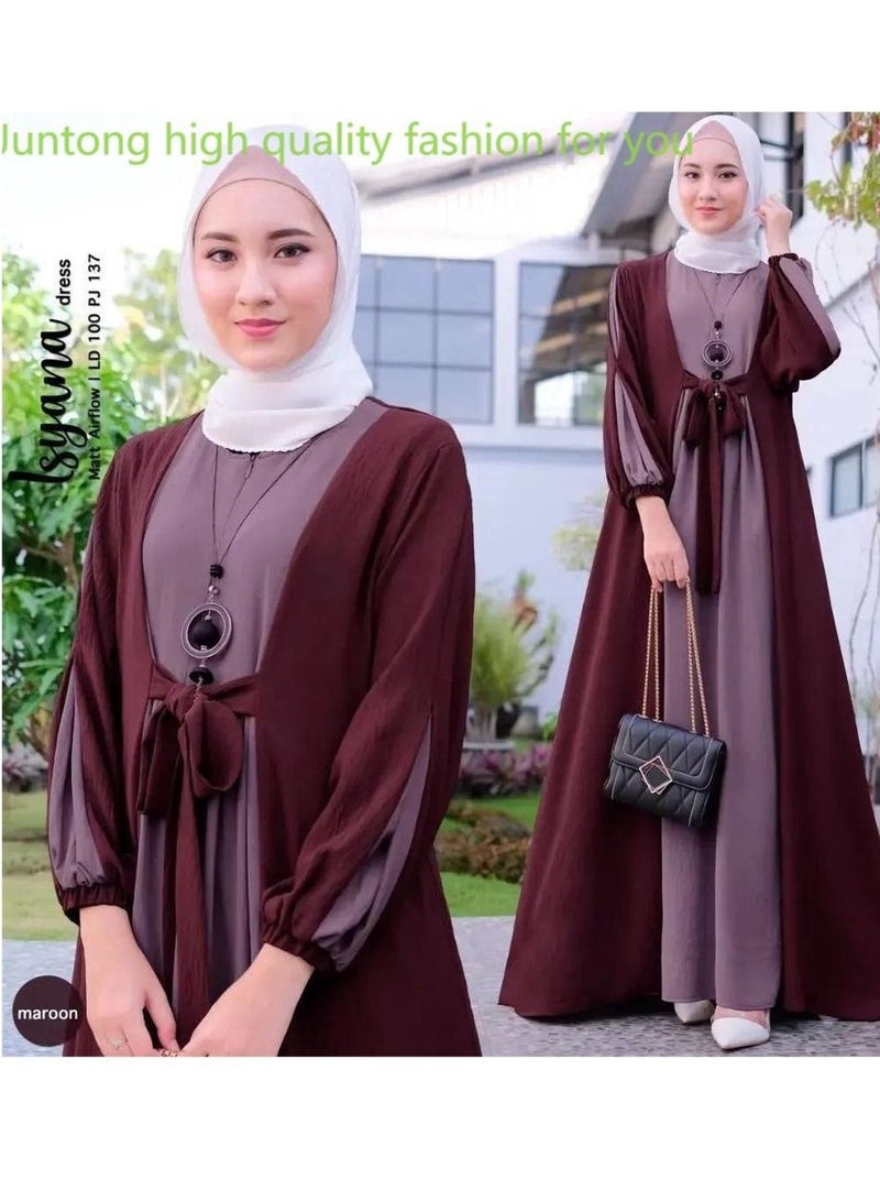NIBEMINENT Women's Fashion Modest Abaya Casual long Dresses Muslim Color-matching Robe Clothing - Image 1