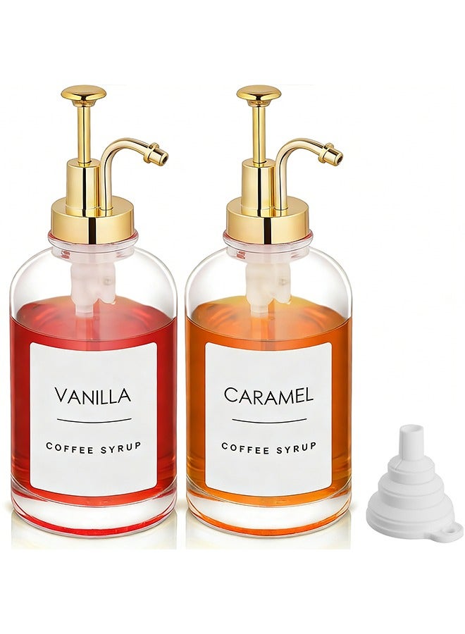 YelaJoy Glass Soap Dispenser Bottle,2-piece Olive Oil Dispenser Bottle, 2 Pack 16.9 Oz Coffee Syrup Dispenser for Coffee Bar, 500ml Syrup Pump Dispenser, Glass Syrup Bottle, Gold Upgraded Pump and Labels, Gold - Image 1