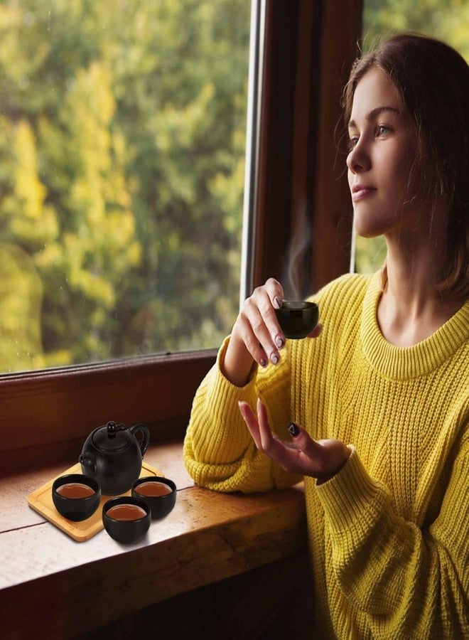 Flexzion Chinese Japanese Vintage Kungfu Gongfu Tea Set Portable Travel Teapot, (Matte Black) Porcelain Ceramic Tea Pot, 4 Tea Cup, Bamboo Tea Tray, Tea Mat, Portable Travel Bag - Image 4