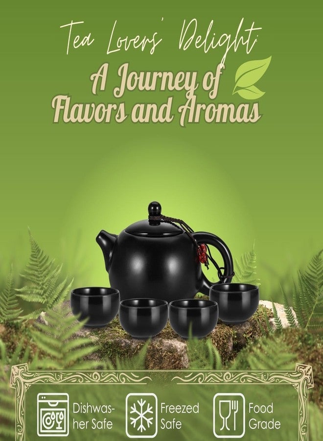 Flexzion Chinese Japanese Vintage Kungfu Gongfu Tea Set Portable Travel Teapot, (Matte Black) Porcelain Ceramic Tea Pot, 4 Tea Cup, Bamboo Tea Tray, Tea Mat, Portable Travel Bag - Image 2