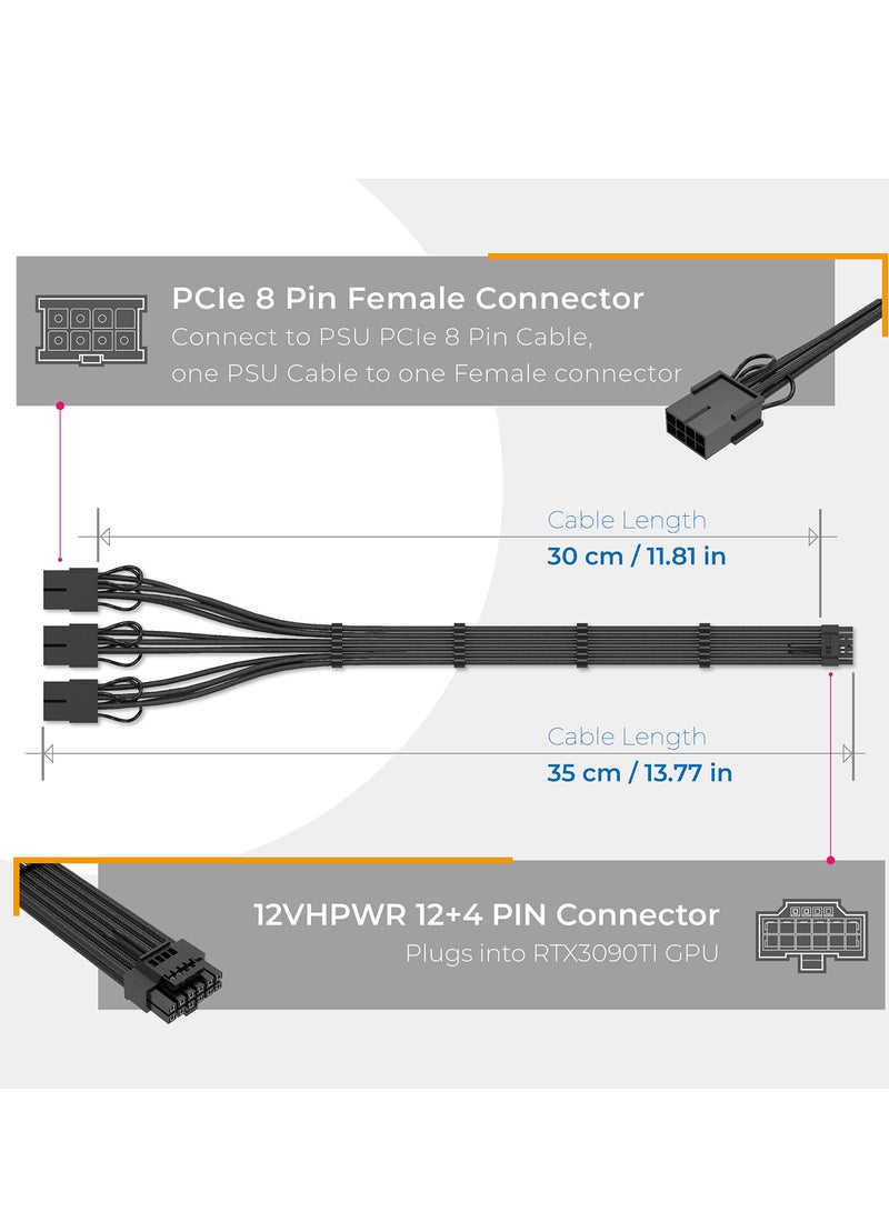 KASTWAVE PCI-E 5.0 Extension Cable 30cm/1ft 16 Pin(12+4) Male to PCIE 3x8Pin(6+2) Female Sleeved Extension Cable with 4 Cable Combs 12VHPWR 16AWG Cable Compatible for GPU RTX 3090Ti 4070Ti 4080 4090, Black - Image 3