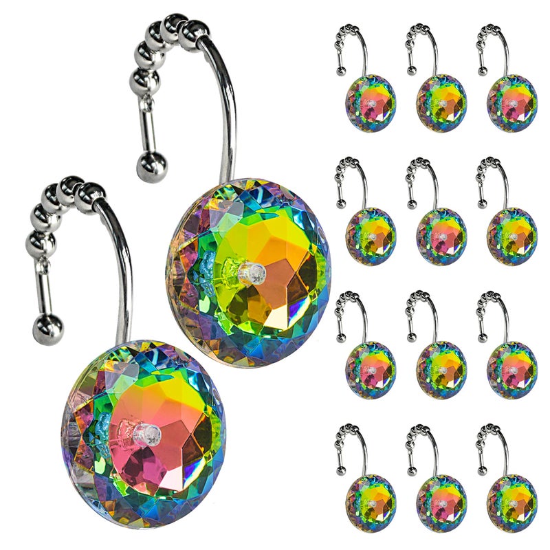 Sunlit Luxury Design Glitter Round Colorful Diamond Crystal Gem Bling with Glide Balls Shower Curtain Hooks Rust Proof Metal Rhinestones Glam Shower Curtain Rings12 Pack