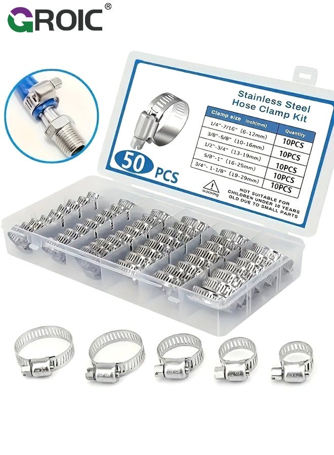 GROIC Hose Clamp Kit, Selizo 50Pcs Stainless Steel Worm Hose Clamps, Adjustable Metal Band Clamp for Water Pipe, Intercooler, Automotive Plumbing, Heater Hose, Marine Application and Fuel Line - Image 1