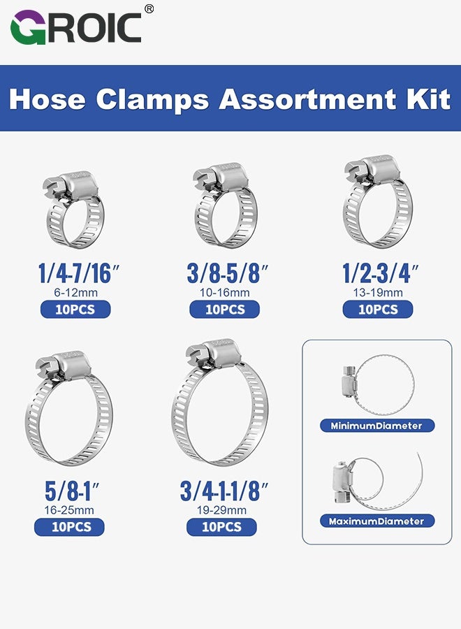 GROIC Hose Clamp Kit, Selizo 50Pcs Stainless Steel Worm Hose Clamps, Adjustable Metal Band Clamp for Water Pipe, Intercooler, Automotive Plumbing, Heater Hose, Marine Application and Fuel Line - Image 5