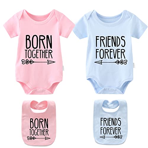 YSCULBUTOL Baby Twins Bodysuits Best Friends Forever Baby Clothes Set with Bibs Girl Outfit with hat（PinkBule Best3M） - Image 1