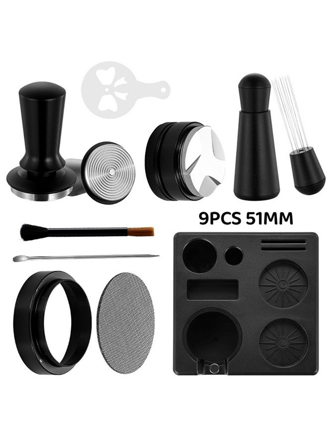 WALALLA 9 PCS Espresso Accessories Kit,51mm Espresso Tamper Tools,WDT Tool Espresso,Espresso Tamping Station, Distributor, Stirrer, Dosing Funnel,Puck Screen, Brush, Latte art mold and Latte Art Pen