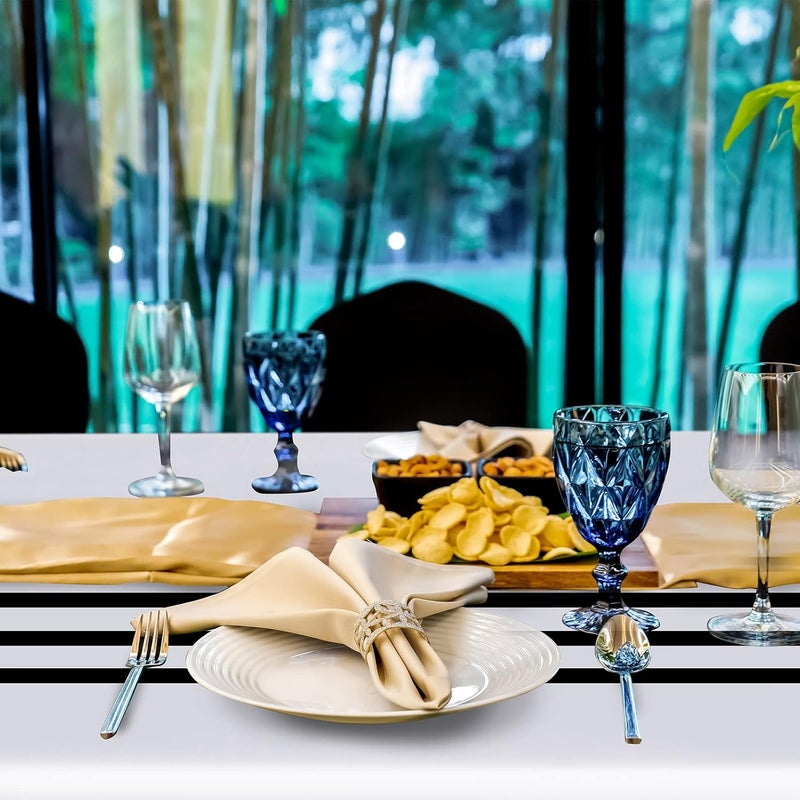 Oudain 3 Pcs Striped Tablecloth 108 x 54 Inch Rectangle Table Cover Disposable Plastic Table Cloth Waterproof Rectangle Tablecloth Plastic Table Cover for Birthday Wedding Bridal Shower (Black White) - Image 5
