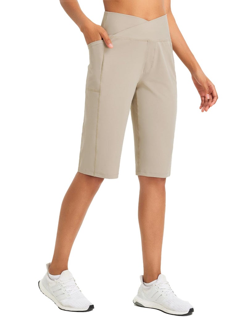 baleaf Women's Bermuda Long Shorts 14" Knee Length Capri Pants High Waisted Athletic Shorts with Pockets Summer Casual Khaki L - Image 1