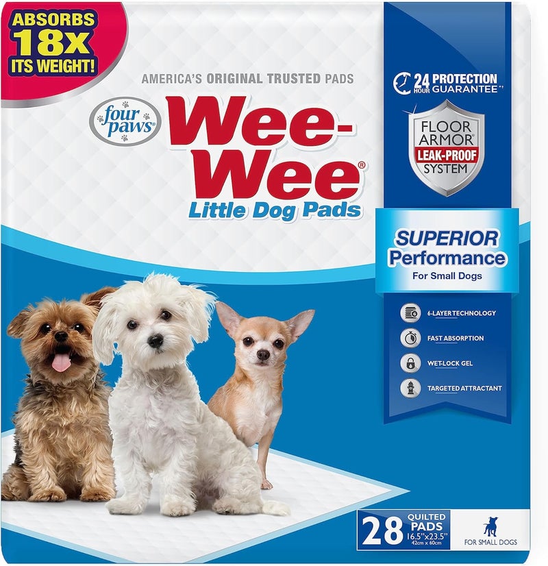 four paws Wee-Wee Superior Performance Little Pee Pads for Small Dogs, Leak-Proof Floor Protection Dog & Puppy Quilted Potty Training Pads, Unscented, 16.5"x23.5" (28 Count) - Image 1