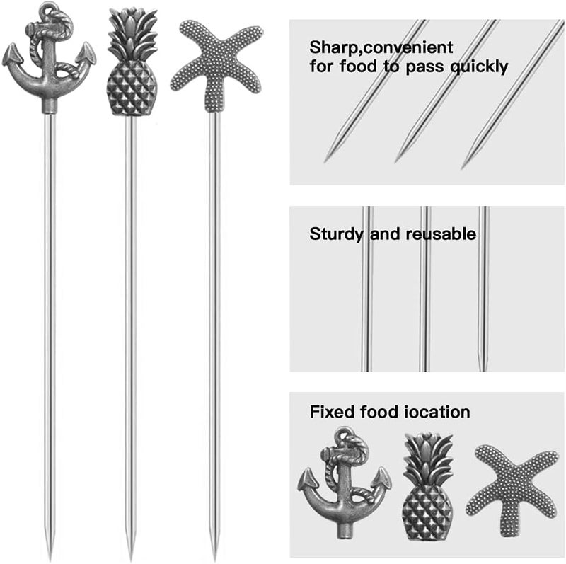 DEEKOUDT Martini Cocktail Picks Reusable Olive Picks Garnish Skewer Fruit Toothpicks Set of 9 (Antique Silver) - Image 3
