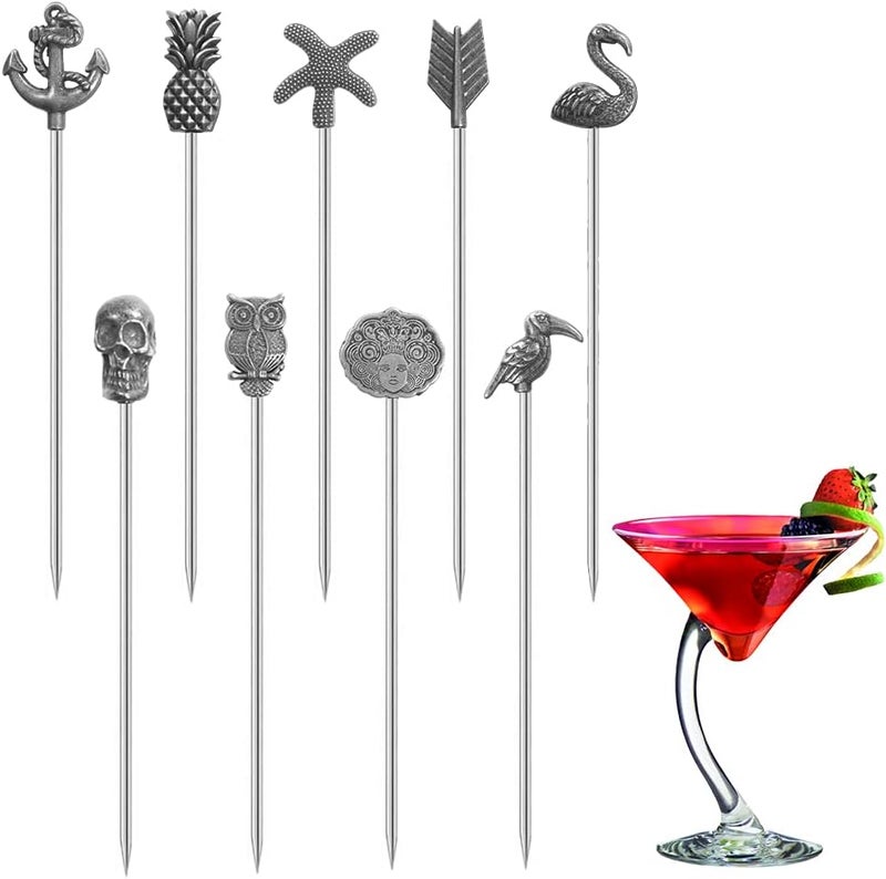 DEEKOUDT Martini Cocktail Picks Reusable Olive Picks Garnish Skewer Fruit Toothpicks Set of 9 (Antique Silver) - Image 1