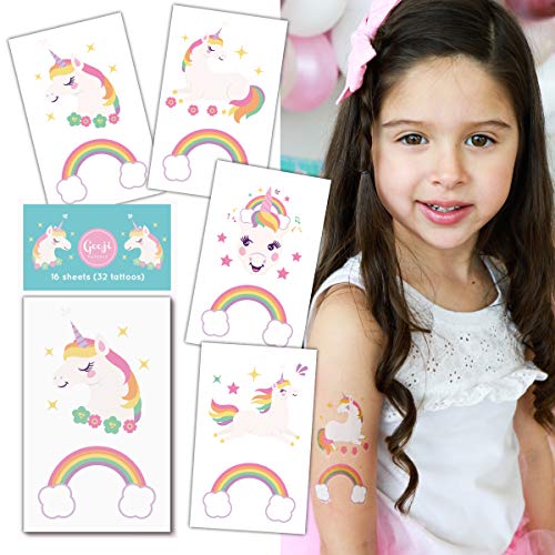 Gooji Unicorn Temporary Tattoos (16 sheets, 32 tattoos) Party Favors and Supplies for Children's Birthday | Fake, Non-Toxic, Skin Safe | Bright, Colorful Designs for Kids, Adults | Easily Removable - Image 1