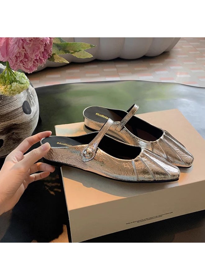 Grape Mom Small Square-toe Pleated One-strap Mary Jane Mules For Women, Summer Outdoor Beach Slippers