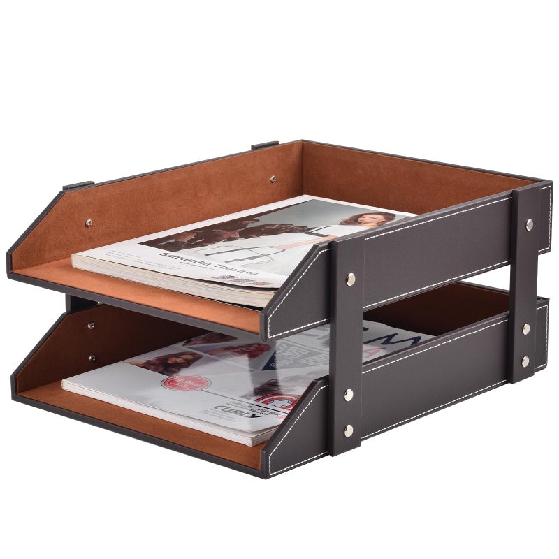 XNONE Leather Desk Organizer,2-Tier Stackable Letter Tray Holder,Office Supplies Desktop Storage Box for Document,Stationery,Magazines,Newspapers,Letters and Other Home Office Paper Sundries,Coffee - Image 1