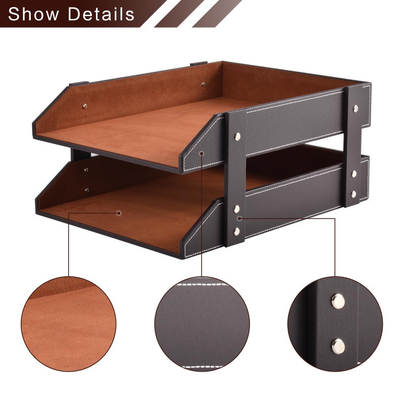 XNONE Leather Desk Organizer,2-Tier Stackable Letter Tray Holder,Office Supplies Desktop Storage Box for Document,Stationery,Magazines,Newspapers,Letters and Other Home Office Paper Sundries,Coffee - Image 4