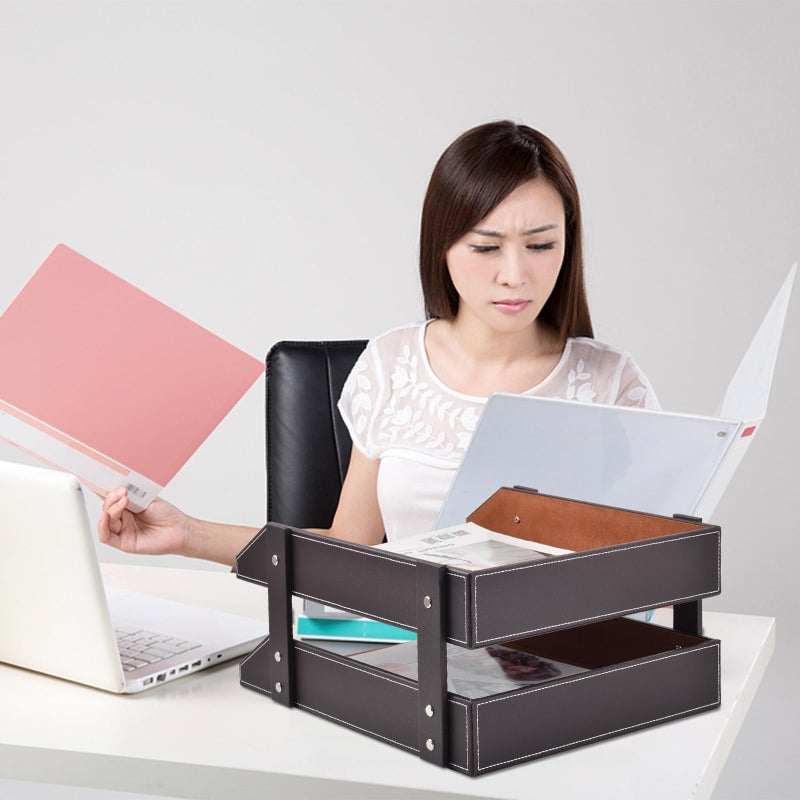 XNONE Leather Desk Organizer,2-Tier Stackable Letter Tray Holder,Office Supplies Desktop Storage Box for Document,Stationery,Magazines,Newspapers,Letters and Other Home Office Paper Sundries,Coffee - Image 3