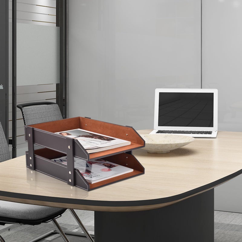 XNONE Leather Desk Organizer,2-Tier Stackable Letter Tray Holder,Office Supplies Desktop Storage Box for Document,Stationery,Magazines,Newspapers,Letters and Other Home Office Paper Sundries,Coffee - Image 5
