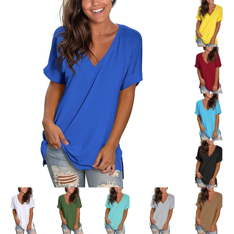 2024 popular V-neck solid color short-sleeved top Loose Women's T-shirt - Image 2
