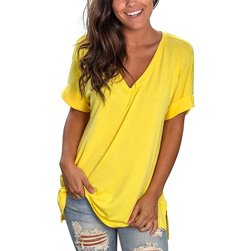 2024 popular V-neck solid color short-sleeved top Loose Women's T-shirt - Image 3