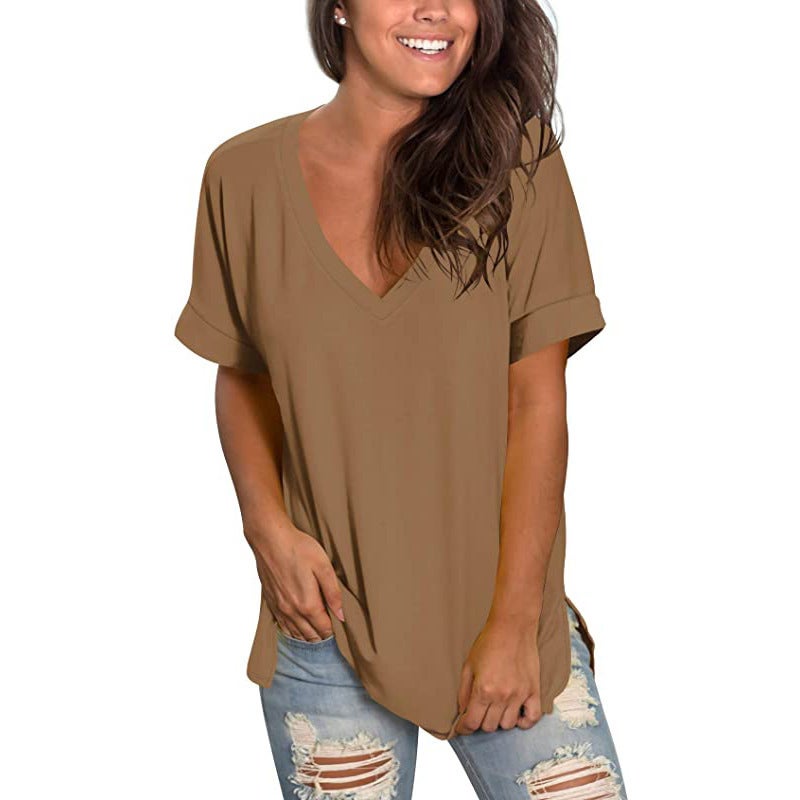2024 popular V-neck solid color short-sleeved top Loose Women's T-shirt - Image 5