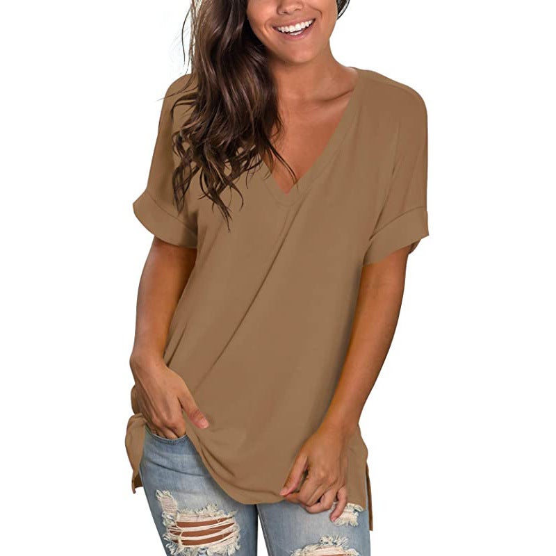 2024 popular V-neck solid color short-sleeved top Loose Women's T-shirt - Image 1