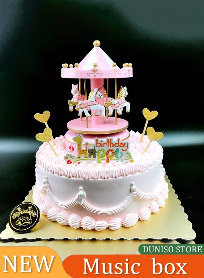 DUNISO صندوق موسيقي دوار، لحن أربعة خيول كرتوني، زينة موسيقية للأطفال، لعبة موسيقية للأطفال، تشغيل يدوي، لا يحتاج إلى بطارية، 10 * 16.5 سم - Image 1