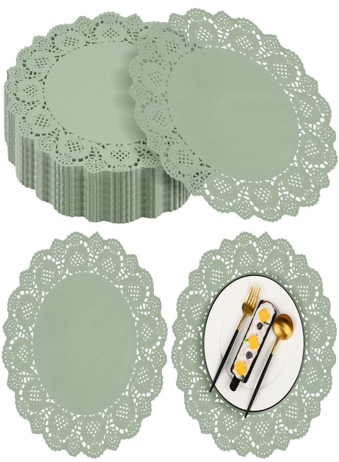 MCEAST 100 Pack Round Sage Green Paper Doilies 13.5 Inches Lace Paper Place Mats Rustic Scallop Doily Disposable Table Pads for Food Cakes Crafts Party Weddings Tableware Decor - Image 1